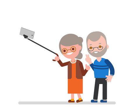 Elderly couple taking selfie with walking stick. Happy grandma grandpa taking photo using smartphone. Vector cartoon character illustration.のイラスト素材