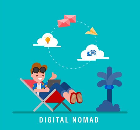 Digital nomads concept illustration. Young adult working with laptop while on vacation. Work from anywhere. Vector flat design cartoon character.のイラスト素材