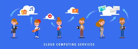Cloud computing services concept illustration. Group of people standing with their smartphone and tablet. Files transfer through cloud computer network. Flat design style cartoon character.のイラスト素材