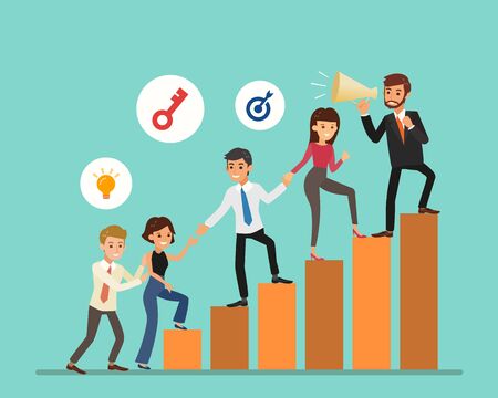 Business People Cartoon Climbing Up on Graph. Career Ladder with Characters. Team Work, Partnership, Leadership Concept. Vector illustration.のイラスト素材