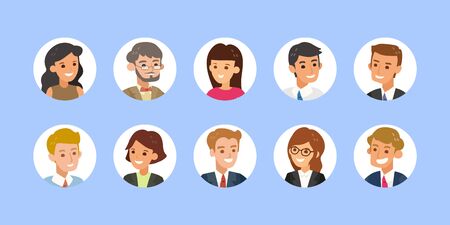 Business people avatar collection. Young adults man and woman faces, Colorful user pic icons in circle shape. Flat design style cartoon illustration isolated.のイラスト素材