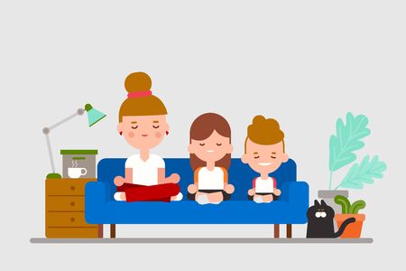 Family practice sitting meditation together on sofa. Flat design style cartoon illustration.のイラスト素材