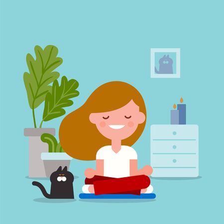 Young woman meditating in sitting yoga position. Flat design style cartoon illustration.のイラスト素材