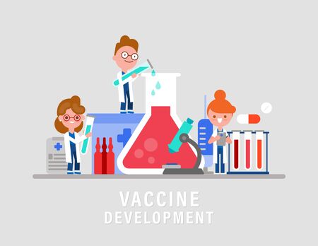 Lab research development of vaccine or drug. Vaccination concept vector illustration. Team of Research Scientists cartoon character.のイラスト素材