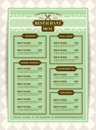 Classic Restaurant menu template with Mint green background color. Vertical layoutのイラスト素材