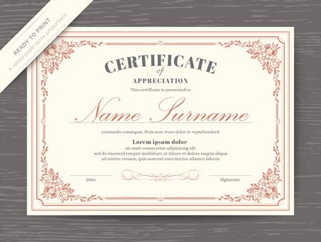 Certificate award diploma template with classic vintage floral corner border and frameのイラスト素材