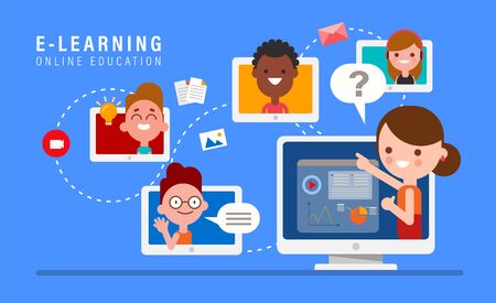 E-learning online education concept illustration. Online teacher on computer monitor. Kids studying at home via internet. vector cartoon in flat design style.