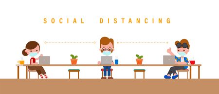Social Distancing Concept illustration. Groups of people wearing face mask working on laptop.のイラスト素材