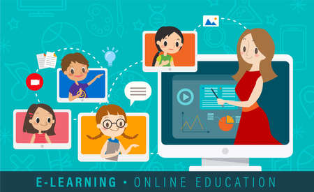 E-learning online education concept illustration. Online teacher on computer monitor. Kids studying at home via internet. vector cartoon.のイラスト素材