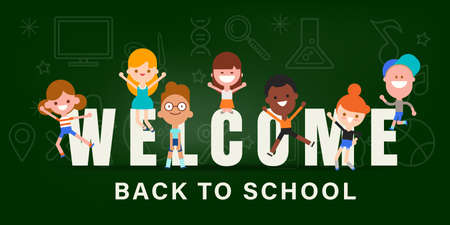 Kids back to school chalkboard banner background vector illustrationのイラスト素材