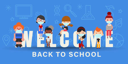 Kids wearing face mask during Covid-19 pandemic. Back to school banner background vector illustrationのイラスト素材