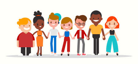 Group of diverse people holding hands together illustration. Flat design cartoon characters.のイラスト素材