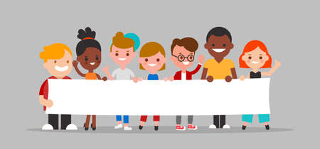 Group of diverse people holding blank white banner together illustration. Flat design cartoon characters.のイラスト素材