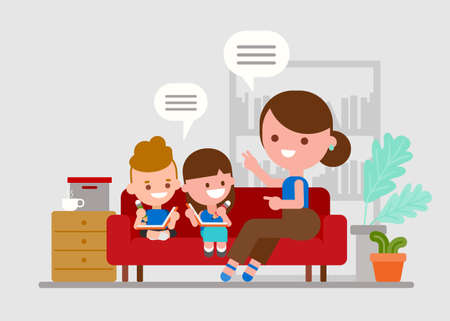 Mother teaching her children. Kids doing homework with parent. Flat style vector illustration.のイラスト素材