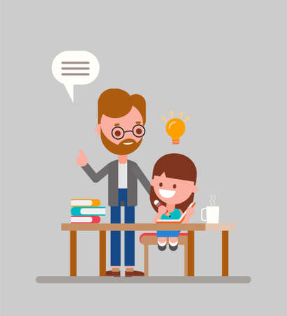 Father helping her daughter with homework. Kid doing homework with parent. Flat style vector illustration.のイラスト素材