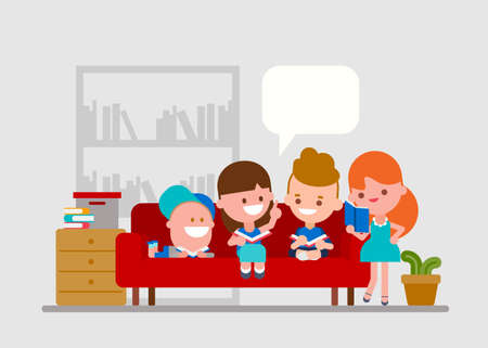 Doing homework with friends. Kids spending time together studying at home. children reading books together. Flat style vector illustration.のイラスト素材