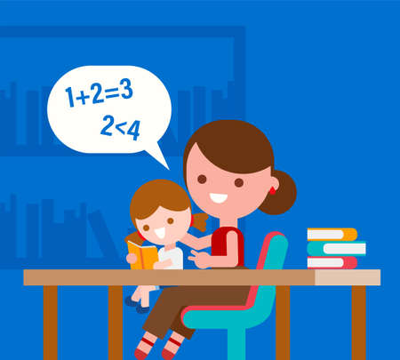 Mother teaching basic math to her little daughter. Kid learning basic mathematics with parent. Flat style vector illustration.のイラスト素材