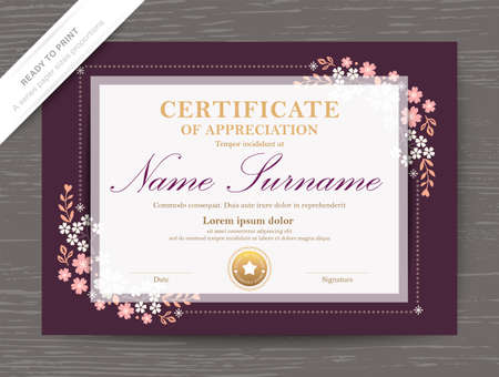 Certificate award diploma template with classic vintage floral corner border and frameのイラスト素材