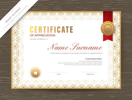 Gold Certificate award diploma template with classic floral border and frameのイラスト素材