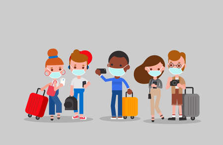 Tourists wearing face masks illustration. Flat design cartoon characters.のイラスト素材
