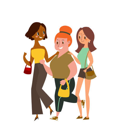 Three happy friends walking together, multicultural friends shopping together. vector cartoon illustrationのイラスト素材