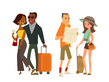 Couple tourist traveler with map and luggage. Isolated vector cartoon illustration.のイラスト素材