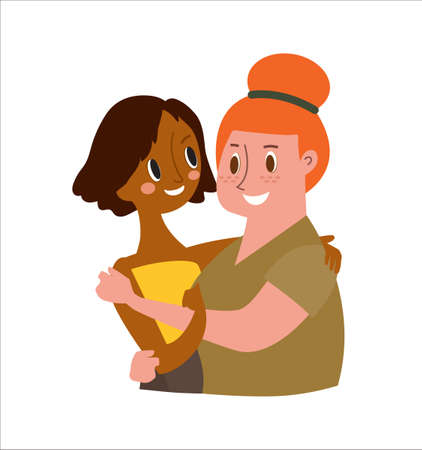 Two Female friends hugging isolated on white background. Vector cartoon character illustration.のイラスト素材
