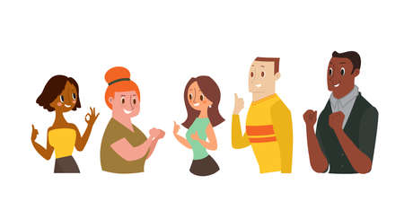 Smiling Man and Women Gesturing Ok Sign, Showing Thumb Up. Vector cartoon illustrationのイラスト素材