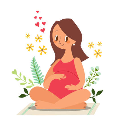 Pregnant woman sitting and touching her big belly. Vector cartoon character illustration.のイラスト素材