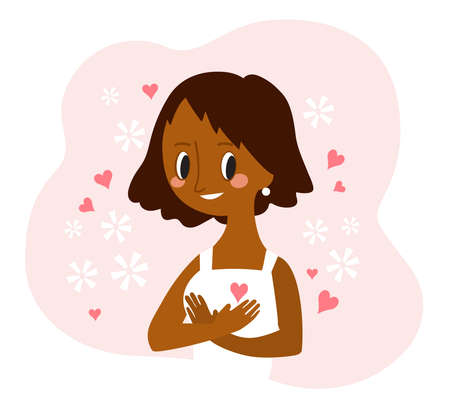 Love yourself. Young african american woman hugging herself. Vector cartoon illustration.のイラスト素材