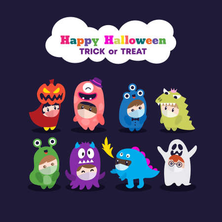 Kids in Halloween costume wearing face mask. Celebrate Halloween party during Covid-19 pandemic. Vector cartoon character illustration.のイラスト素材