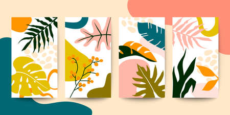 Set of abstract colorful floral art leaves on white vertical background. Vector illustrationのイラスト素材