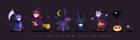 Halloween cartoon characters wearing face mask during Covid-19 pandemic. Vector cartoon illustration.のイラスト素材