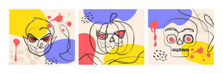 Halloween abstract art painting. Hand drawn contour lines of Dracula face, pumpkin, skull. Vector illustration.のイラスト素材