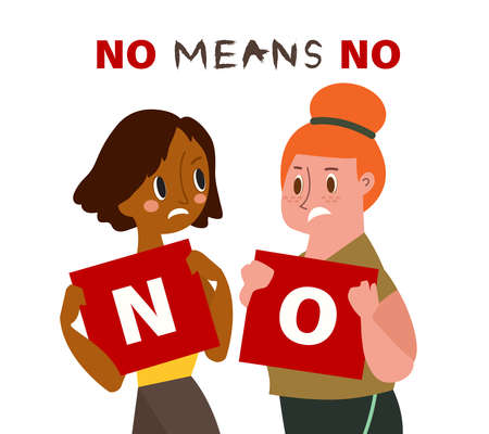 Two women holding card with words NO. NO MEANS NO concept illustration.のイラスト素材