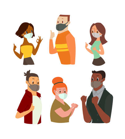 Man and Women wearing face mask gesturing Ok Sign, Showing Thumb Up. Vector cartoon illustrationのイラスト素材