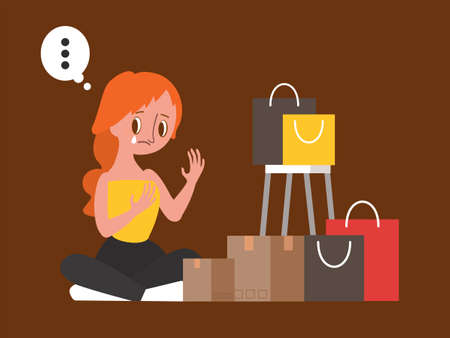 Retail Therapy, Shopaholic, compulsive spender concept illustration. Sad woman sitting with her shopping bags.のイラスト素材