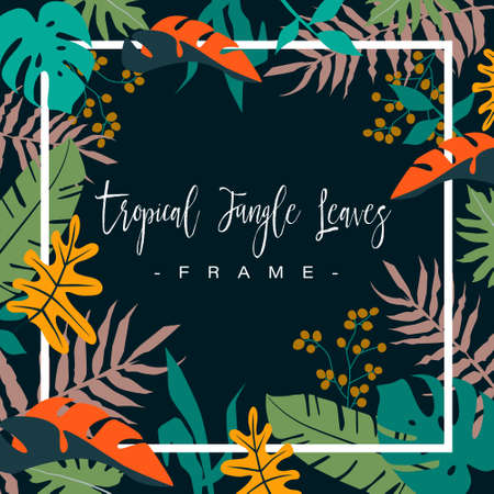 Frame of colorful tropical jungle leaves on dark background. vector illustration.のイラスト素材