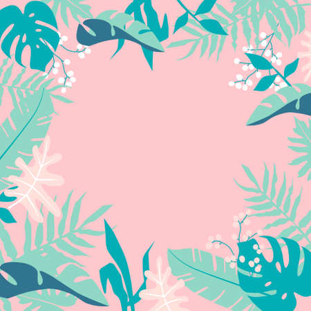 Tropical jungle leaves frame on pink backgroundのイラスト素材
