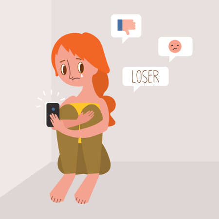 Depressed Girl Sitting in huddled on the floor looking at smartphone with bully message. Cyber bullying concept illustration.のイラスト素材