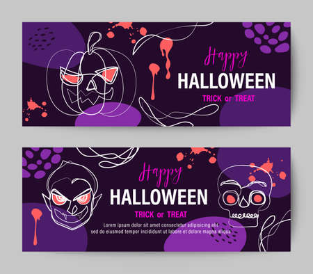 Purple Halloween holiday banner design with line drawing of pumpkin, vampire and skull.のイラスト素材