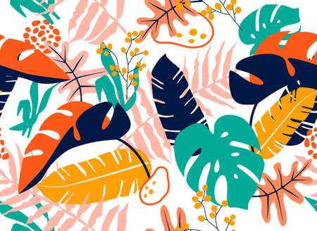 Colorful Tropical seamless leaves pattern background. Vector illustrationのイラスト素材