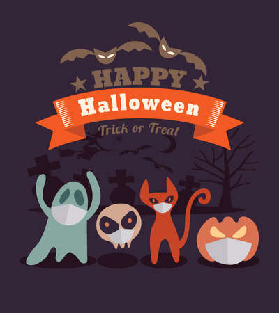 Halloween cartoon characters wearing face mask during Covid-19 pandemic. Vector cartoon illustration.のイラスト素材