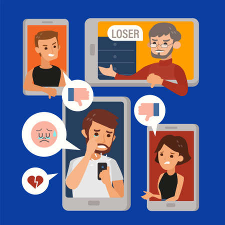 Cyberbullying or Cyber harassment online on Social network through smartphones and tablets. Cyber bullying concept illustration.のイラスト素材