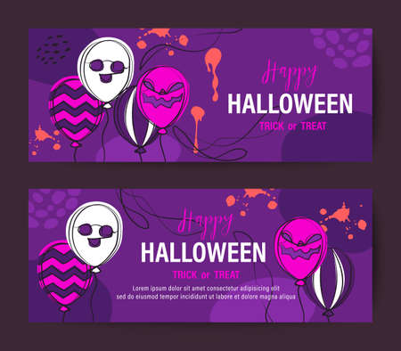 Purple Halloween holiday banner design with spooky face balloon. Vector backgroundのイラスト素材
