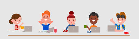 Young adult characters using laptop computer in flat design style isolated. Diversity people portrait with their laptops. Vector cartoon illustration.のイラスト素材