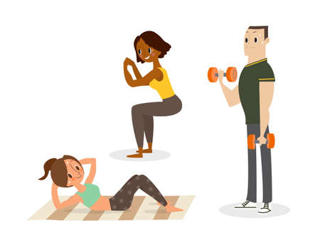 People doing body weight training, sit up, squat, dumbbell exercise. vector cartoon illustrationのイラスト素材