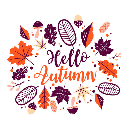 Hello autumn lettering with orange floral leaves. Vector foliage frame isolated on white background.