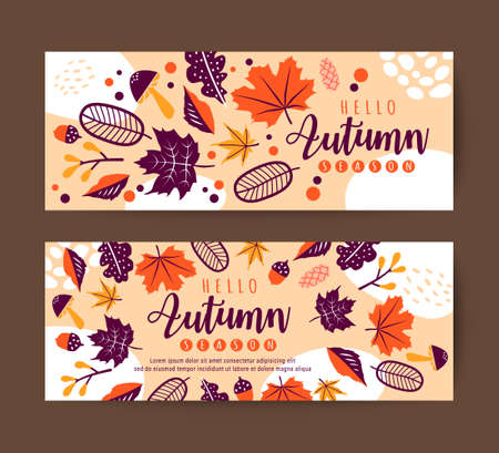 Autumn leaves banner design template. Vector floral background.のイラスト素材