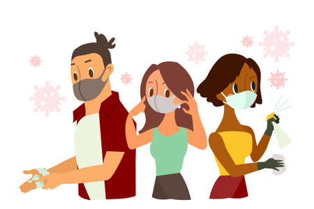 protecting yourself from coronavirus. People wearing protective face mask, hand washing, Spraying Anti-Bacterial Sanitizer Spray. Vector cartoon illustrationのイラスト素材